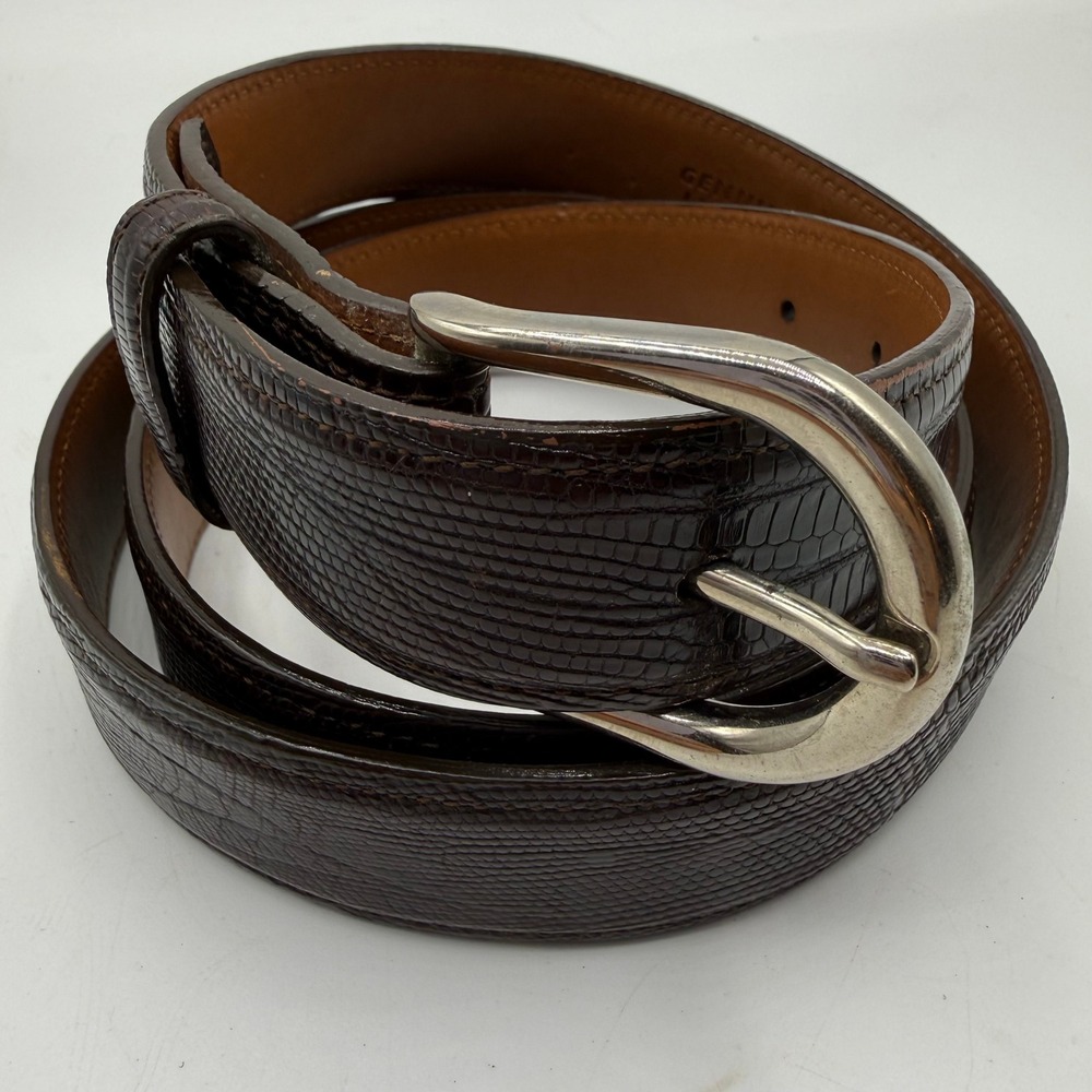 Unbranded Genuine Lizard Belt 40 Dark Brown Exotic Skin Silver Buckle Western